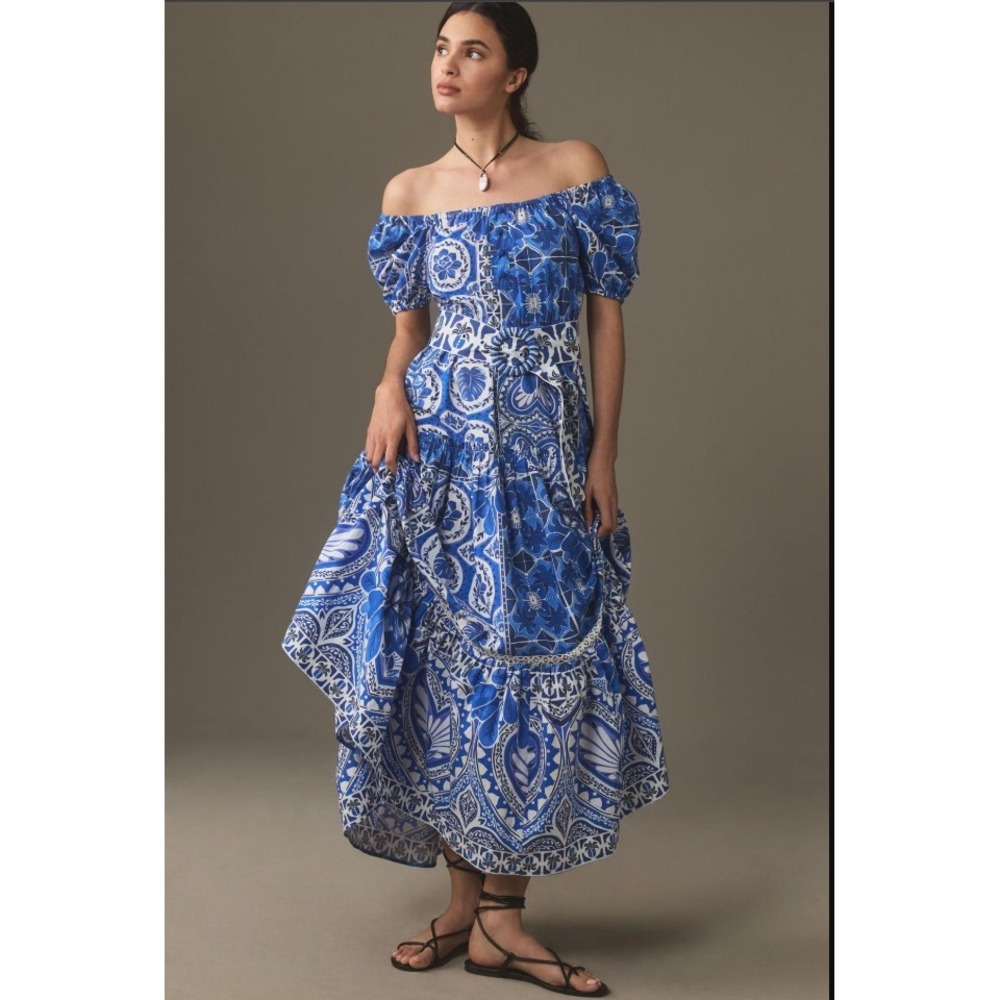 Farm Rio Tile Dream Multicolor Maxi Dress Blue White Floral Belted Size M NWT